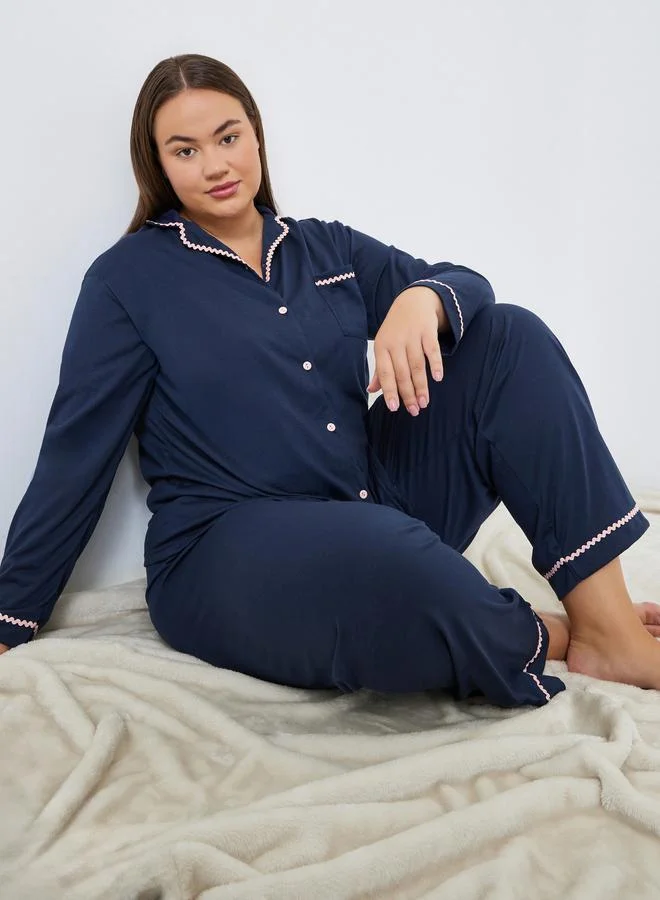 Styli Plus Size Rick Rack Trim Shirt and Pyjama Set